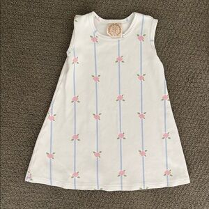 The Beaufort Bonnet Company Polly Dress White with Pink Floral and Blue Stripes